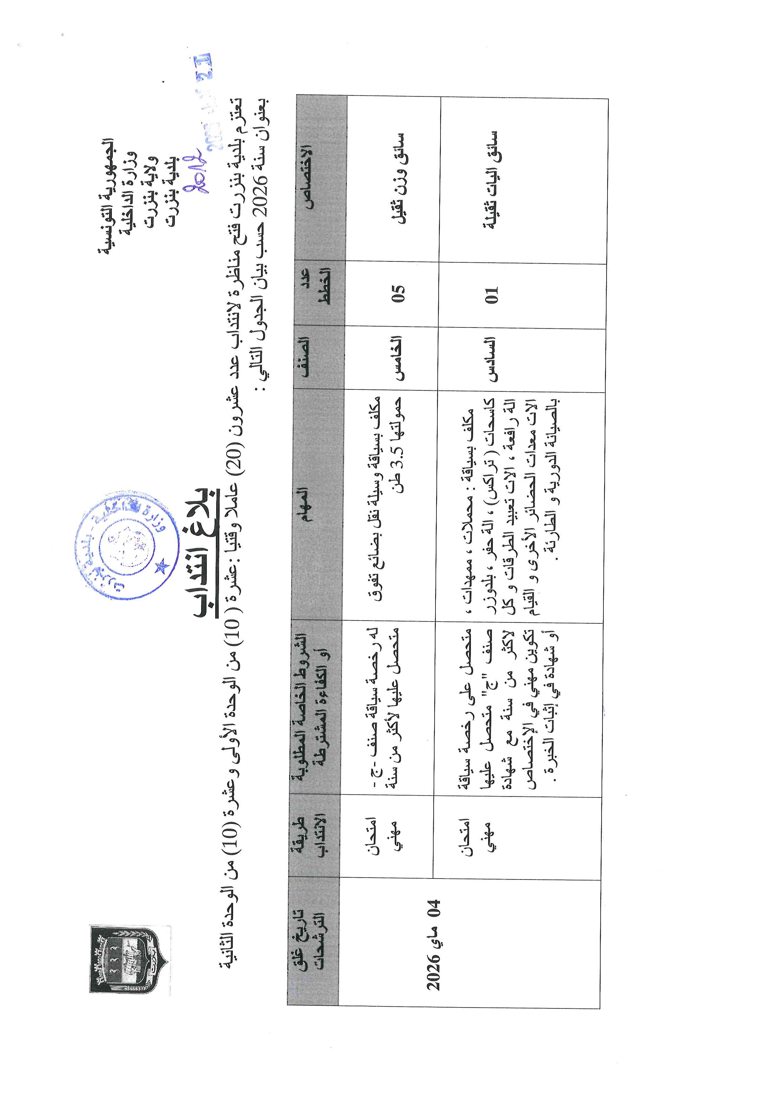 بلاغ حول انتداب عدد 20 عاملا وقتيا...